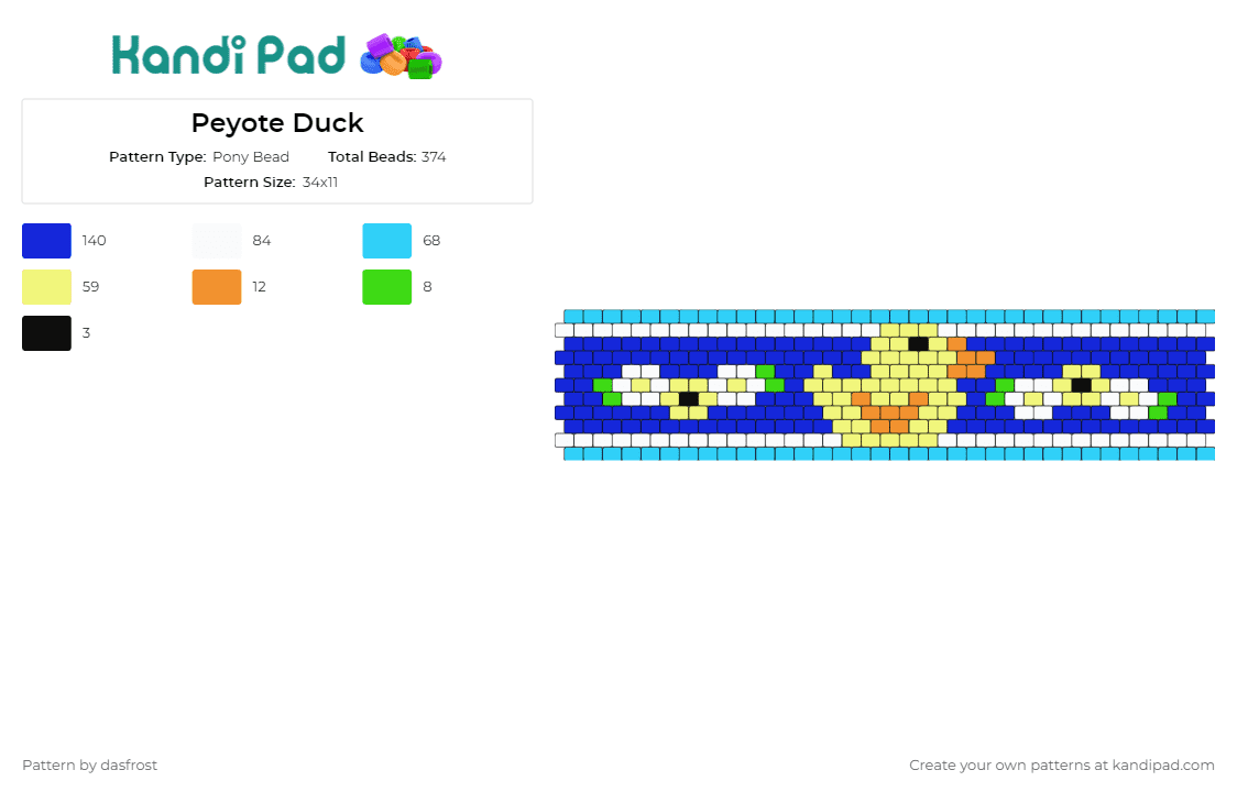 Peyote Duck - Pony Bead Pattern by dasfrost on Kandi Pad - duck,pond,animal,cuff,cheerful,whimsy,nostalgia,bath time,childhood,yellow,blue