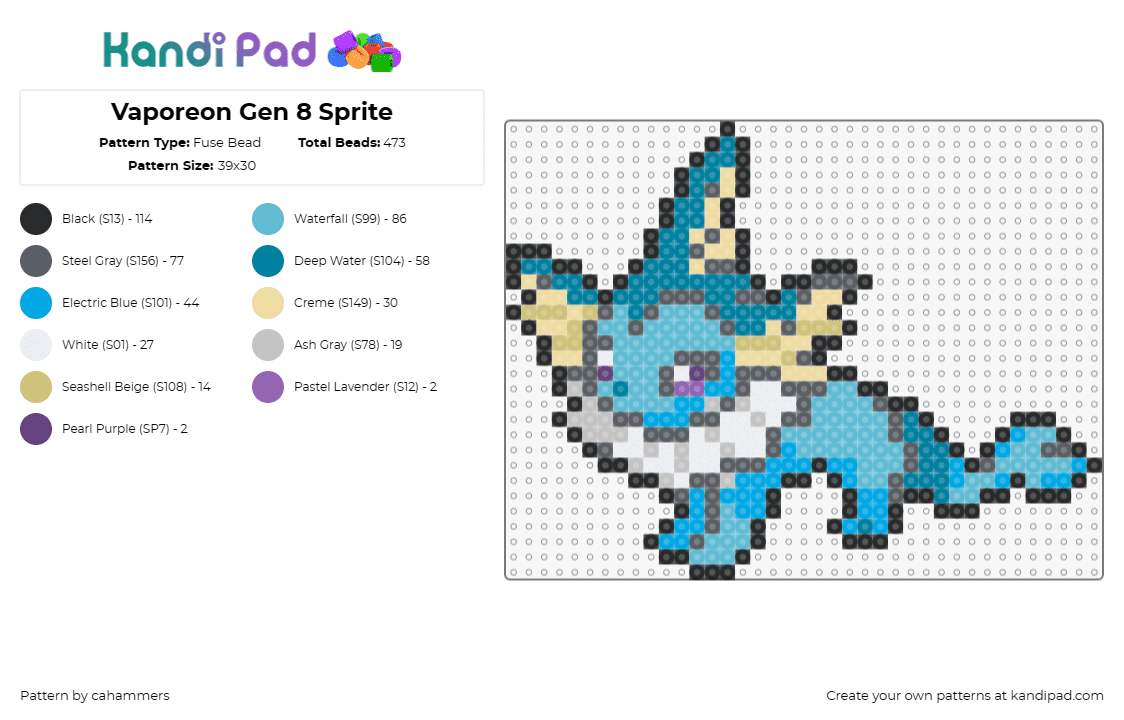 Vaporeon Gen 8 Sprite - Fuse Bead Pattern by cahammers on Kandi Pad - vaporeon,eevee,pokemon,aquatic,creature,elegant,playful,blue