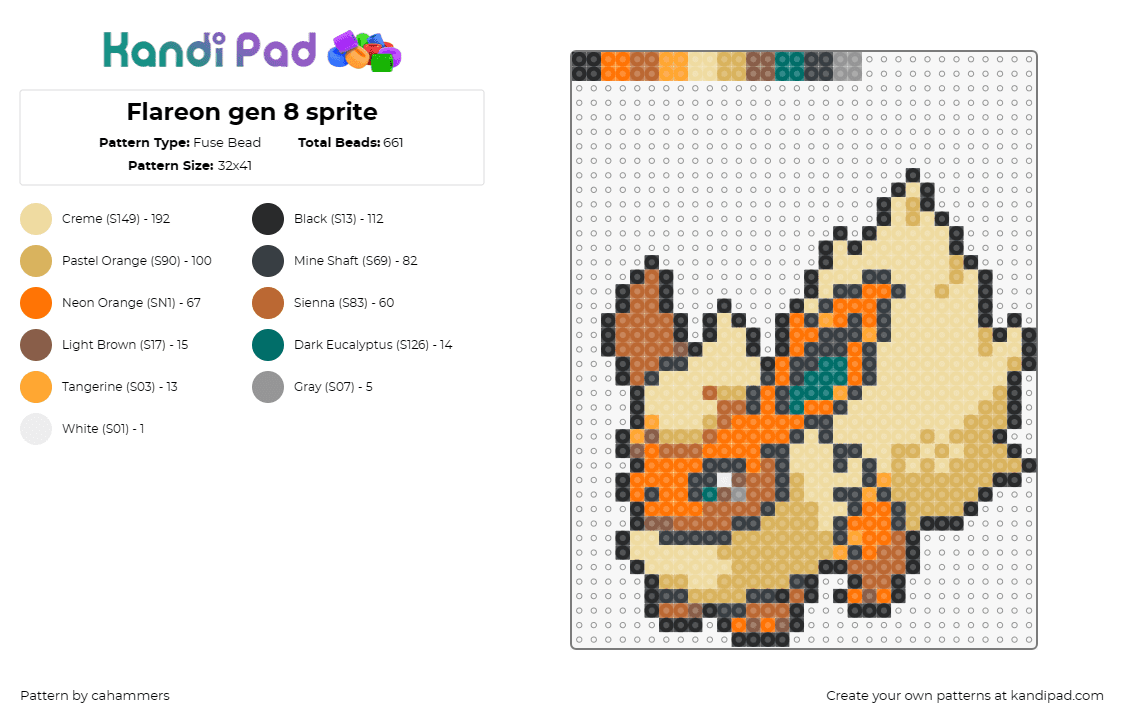 Flareon gen 8 sprite - Fuse Bead Pattern by cahammers on Kandi Pad - flareon,eevee,pokemon,fiery,warmth,spirited,energy,orange,cream