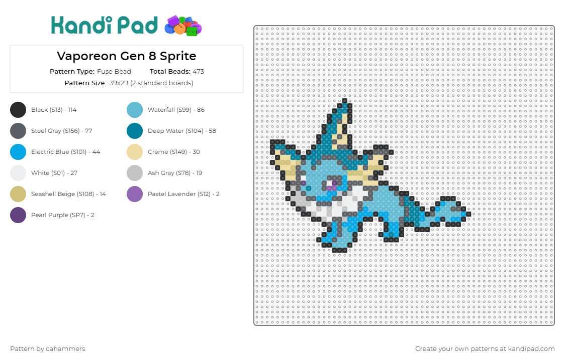 Vaporeon Gen 8 Sprite - Fuse Bead Pattern by cahammers on Kandi Pad - vaporeon,eevee,pokemon,aquatic,dynamic,creature,elegant,playful,blue