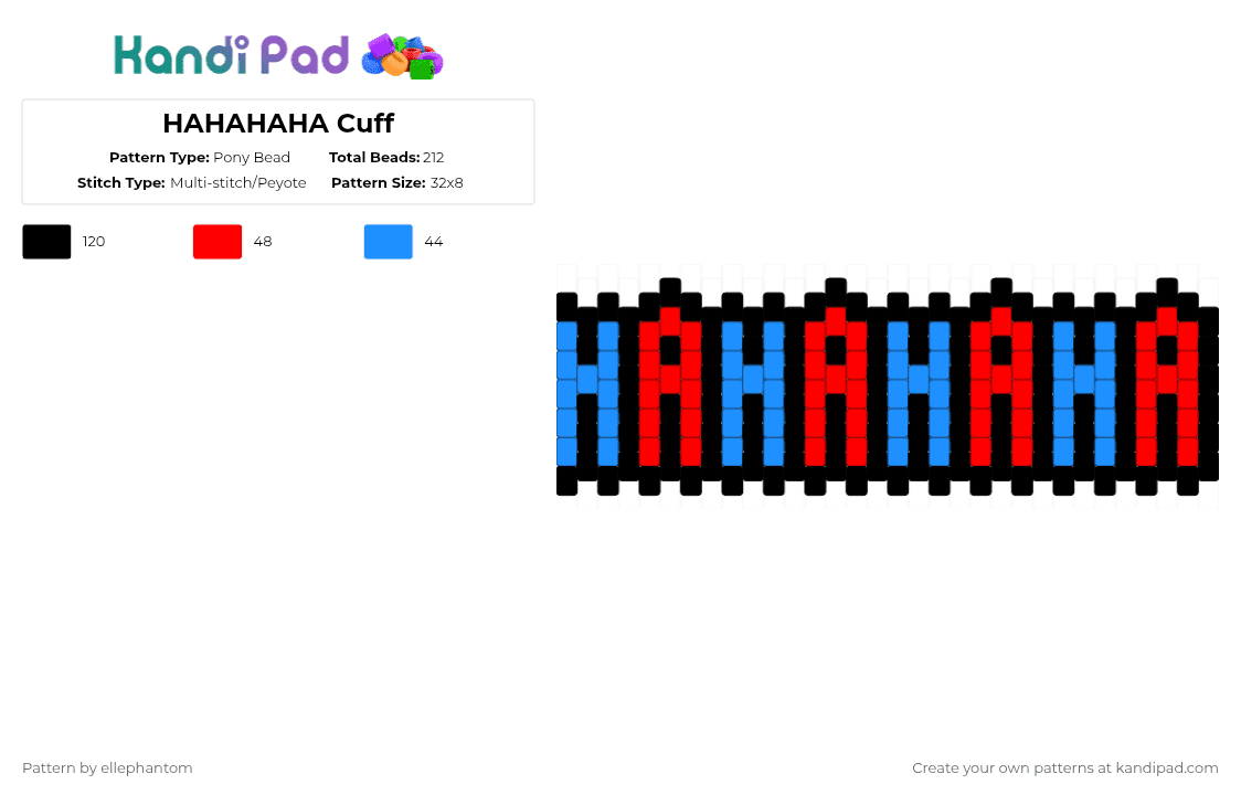 HAHAHAHA Cuff - Pony Bead Pattern by ellephantom on Kandi Pad - red,light blue