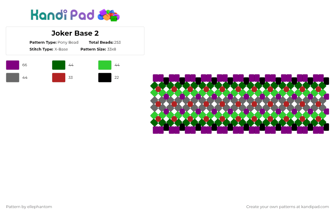 Joker Base 2 - Pony Bead Pattern by ellephantom on Kandi Pad - joker,batman,villain,xbase,cuff,comic,dc,movie,pink,green