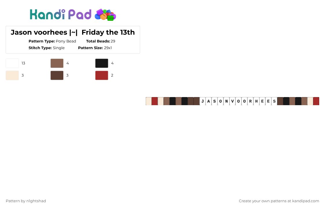 Jason voorhees |~|  Friday the 13th - Pony Bead Pattern by b2rrygnb_n1ghtshad3 on Kandi Pad - white,tan,brown,jason voorhess,friday the 13th,horror,pamela voorhess,movie