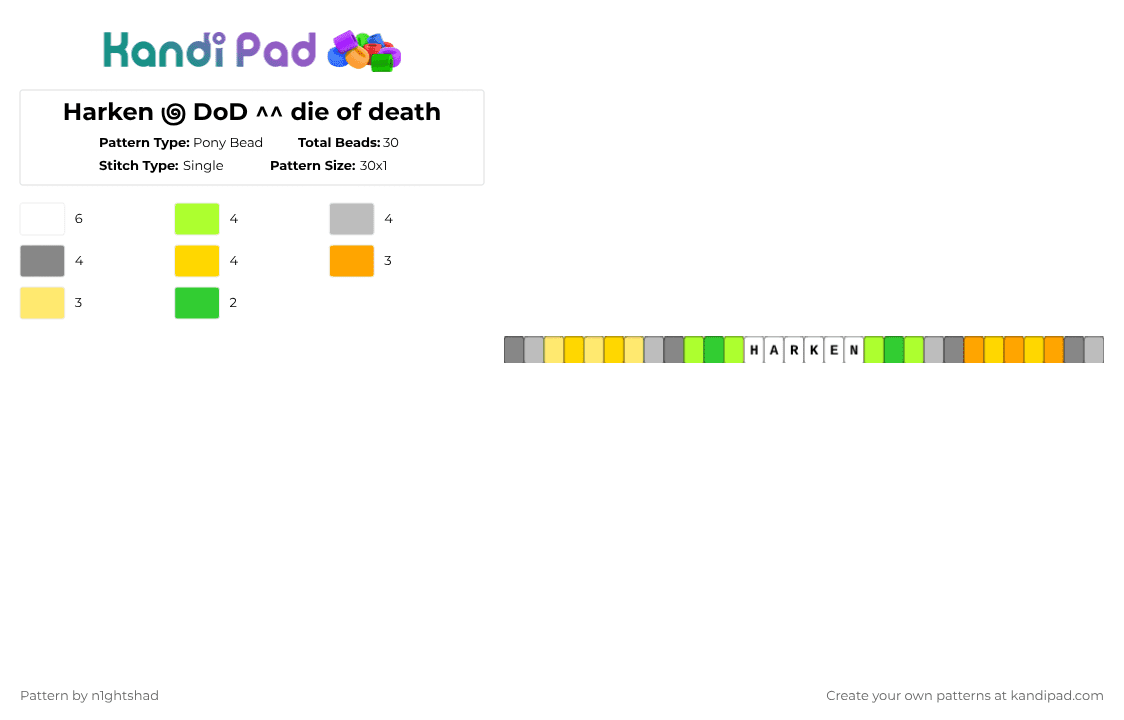 Harken ౷ DoD ^^ die of death - Pony Bead Pattern by b2rrygnb_n1ghtshad3 on Kandi Pad - green,yellow,harken,die of death,forsaken,roblox,dod