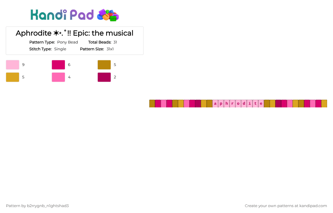 Aphrodite ✶⋆.˚!! Epic: the musical - Pony Bead Pattern by b2rrygnb_n1ghtshad3 on Kandi Pad - aphrodite, epic the musical, greek, greek god, pink