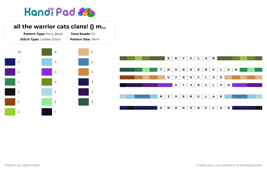 all the warrior cats clans! {} matching/non matching singles!! - Pony Bead Pattern by b2rrygnb_n1ghtshad3 on Kandi Pad - white,purple,beige,gold,colorful