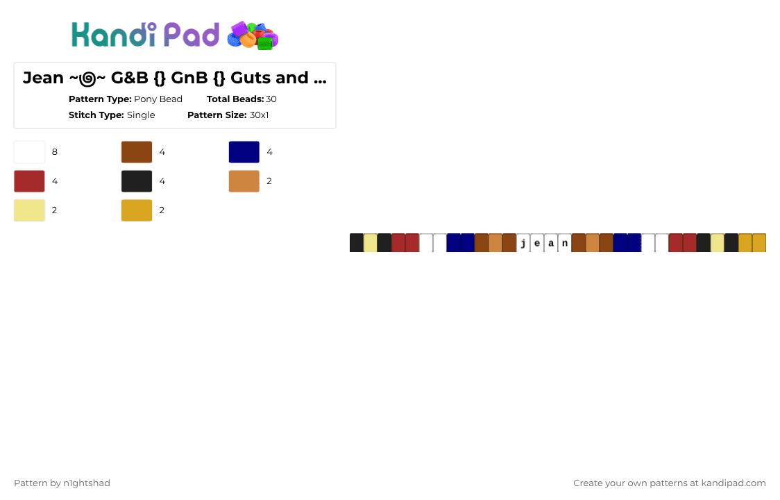 Jean ~౷~ G&B {} GnB {} Guts and Blackpowder - Pony Bead Pattern by b2rrygnb_n1ghtshad3 on Kandi Pad - red,gnb,guts and blackpowder,roblox,jean,game,zombie