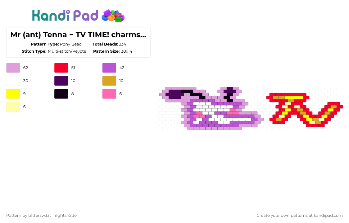 Mr (ant) Tenna ~ TV TIME! charms >:3 - Pony Bead Pattern by b2rrygnb_n1ghtshad3 on Kandi Pad - pink,red,undertale,mr ant tenna,tenna,deltarune,spamton,yaoi