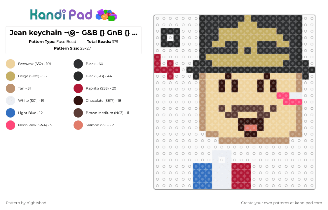 Jean keychain ~౷~ G&B {} GnB {} Guts and Blackpowder - Fuse Bead Pattern by b2rrygnb_n1ghtshad3 on Kandi Pad - beige,guts and blackpowder,gnb,jean,french,roblox