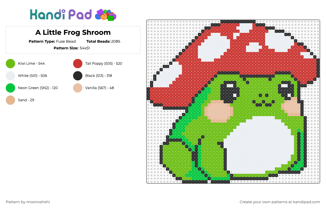 A Little Frog Shroom - Fuse Bead Pattern by moonvahshi on Kandi Pad - animal,nature,plant,toadstool,green,red,frog,mushroom