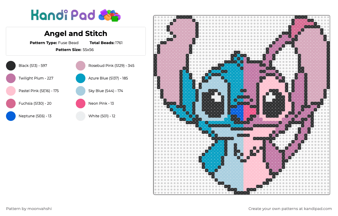 Angel and Stitch - Fuse Bead Pattern by moonvahshi on Kandi Pad - stitch,angel,disney,movie,animal,extraterrestrial,cartoon,scifi,pink,lilo and stitch,angel and stitch,power couple