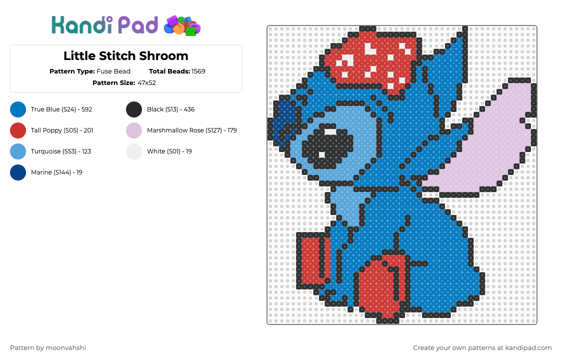 Little Stitch Shroom - Fuse Bead Pattern by moonvahshi on Kandi Pad - blue,cottage core,mushroom,stitch,cute,kawaii