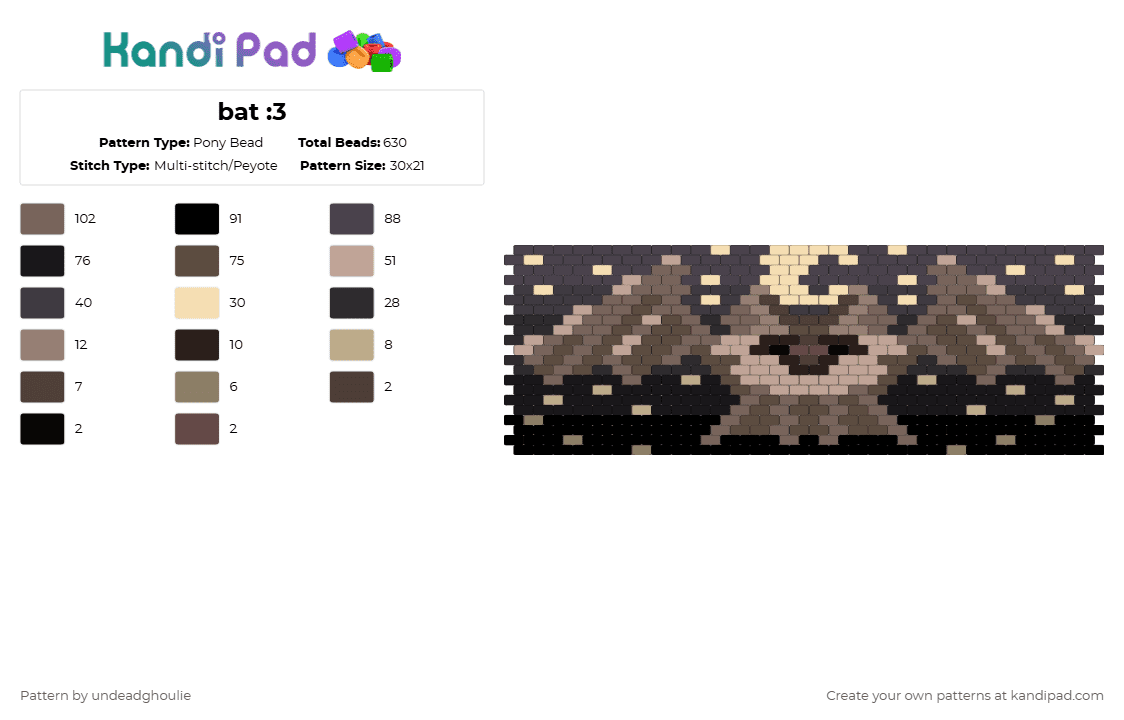 bat :3 - Pony Bead Pattern by undeadghoulie on Kandi Pad - tan,brown,animal,animals,bat,bats,night,moon