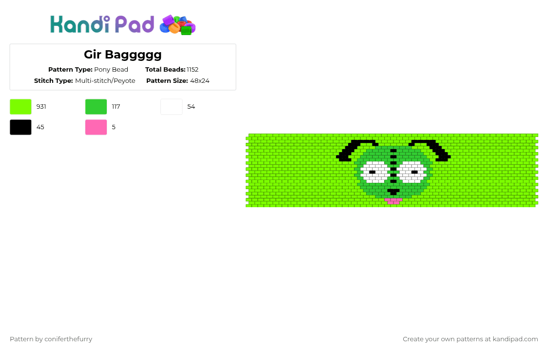 Gir Baggggg - Pony Bead Pattern by coniferthefurry on Kandi Pad - green,gir,bag,zim,invader,kandi,cute
