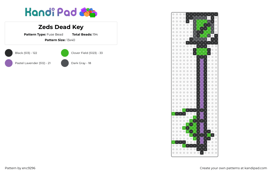 Zeds Dead Key - Fuse Bead Pattern by enc9296 on Kandi Pad - black,green,key,edm,zeds dead,rave,plur