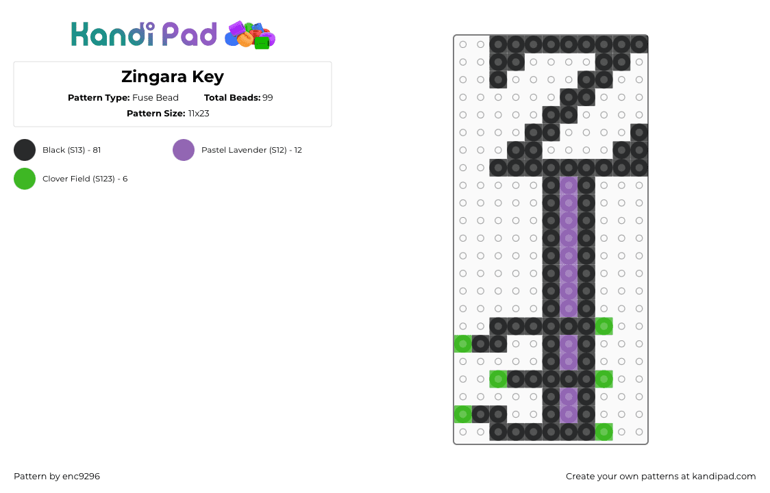 Zingara Key - Fuse Bead Pattern by enc9296 on Kandi Pad - black,pink,green,key,zingara