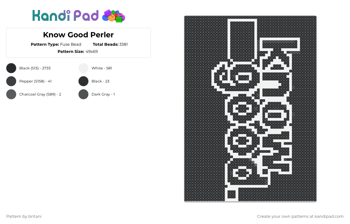 Know Good Perler - Fuse Bead Pattern by britani on Kandi Pad - black,white
