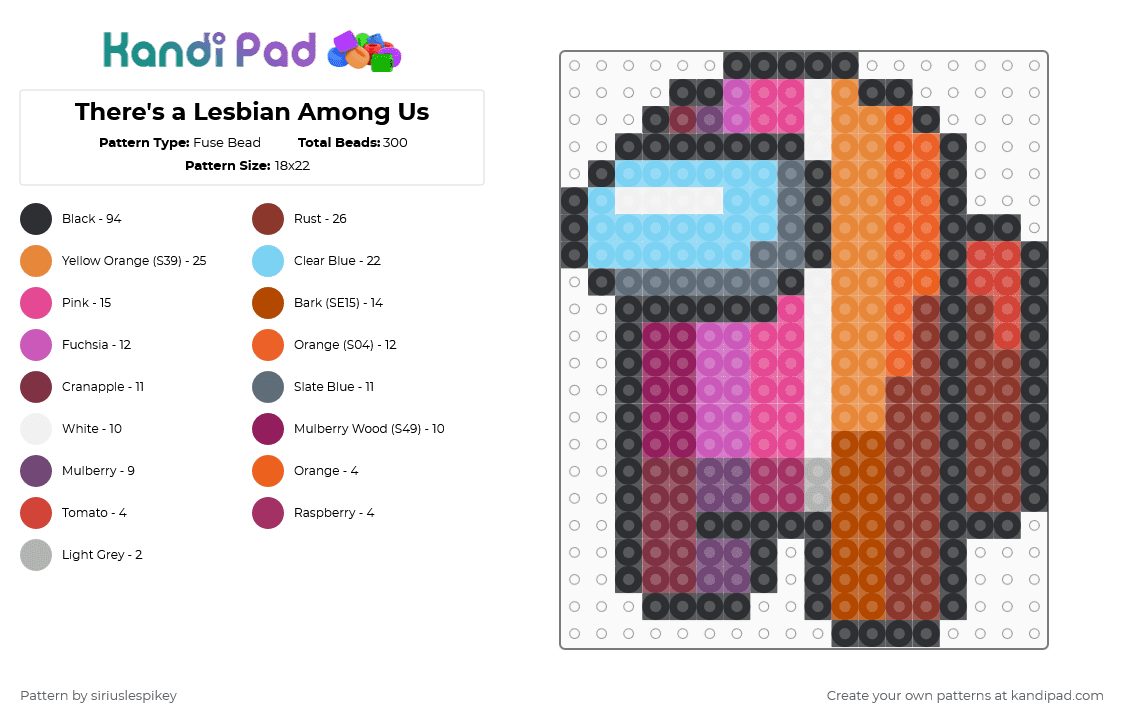 There\'s a Lesbian Among Us - Fuse Bead Pattern by siriuslespikey on Kandi Pad - pink,orange,red,among us,lesbian,lesbian pride,gay pride,pride flags,flags,gamer,geek