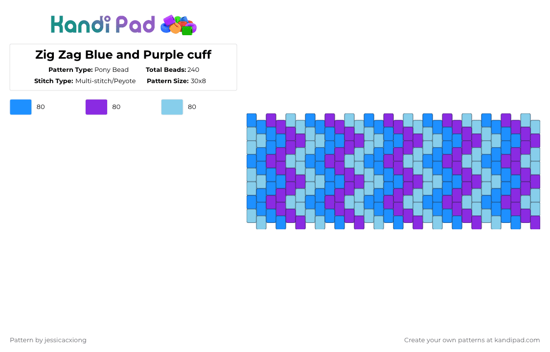 Zig Zag Blue and Purple cuff - Pony Bead Pattern by jessicacxiong on Kandi Pad - light blue,purple,cotdintuition,zig zag,zig,zag,blue,cuff,ponybeads