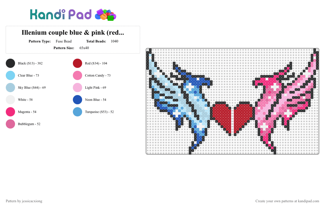 Illenium couple blue & pink (red heart) - Fuse Bead Pattern by jessicacxiong on Kandi Pad - light blue,pink,illenium,love,heart,blue,hmong,couple,rave