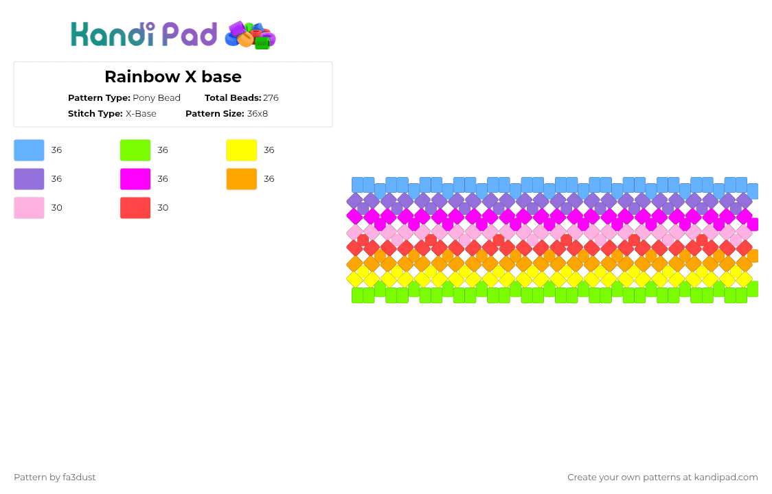 Rainbow X base - Pony Bead Pattern by fa3dust on Kandi Pad - green,purple,orange,colorful,x base,cuff,rainbow,x base cuff,rainbow cuff,rotator,pride