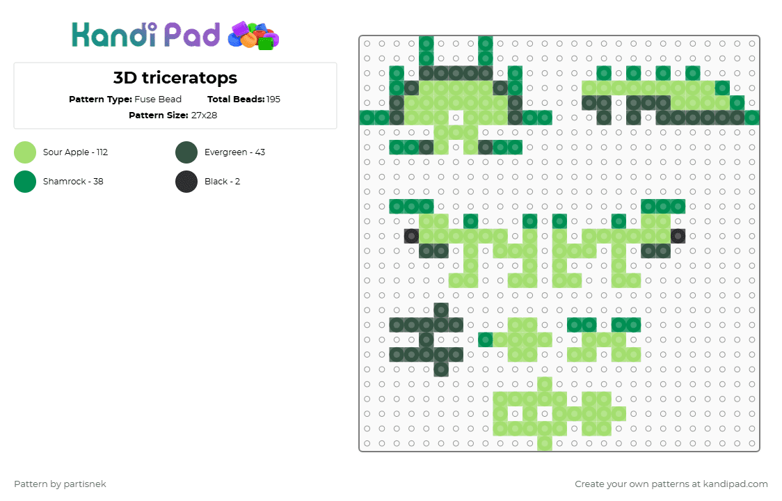 3D triceratops - Fuse Bead Pattern by partisnek on Kandi Pad - green,dinosaurs,3d