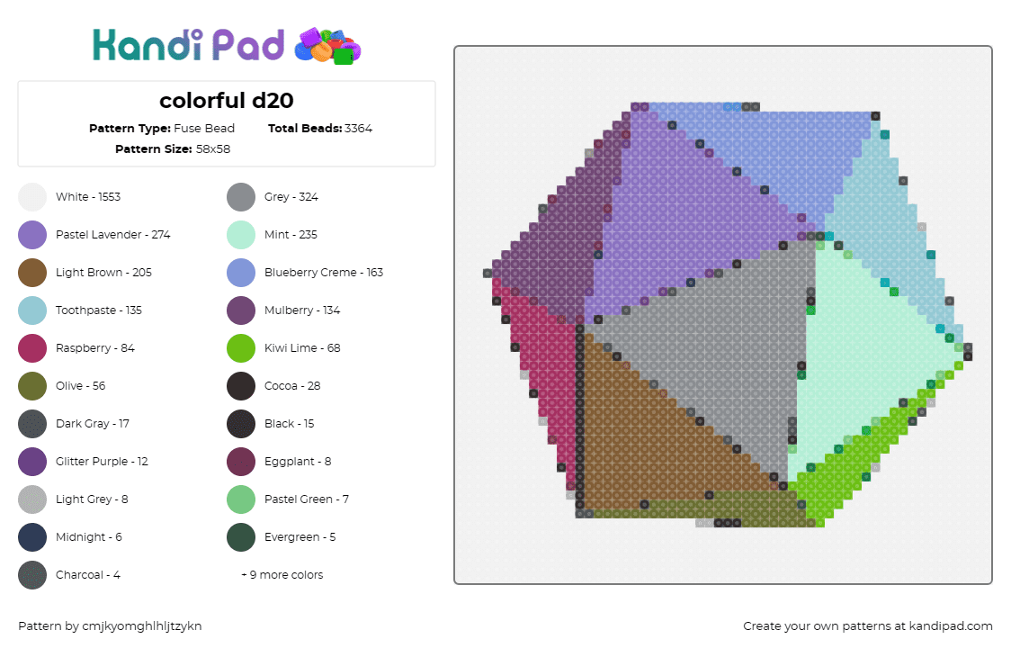colorful d20 - Fuse Bead Pattern by cmjkyomghlhljtzykn on Kandi Pad - dice,d20,colorful,tabletop gaming,vibrant,spectrum,hues,game lovers,blue,green,p