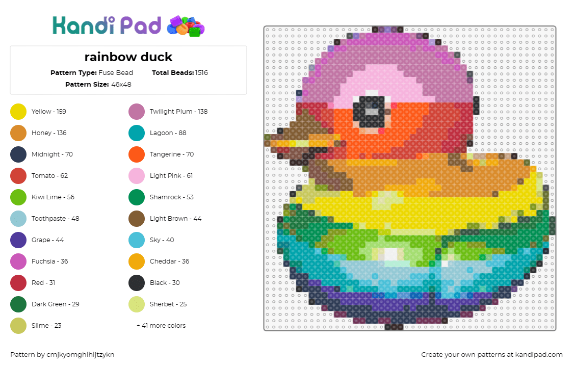 rainbow duck - Fuse Bead Pattern by cmjkyomghlhljtzykn on Kandi Pad - rubber duck,animal,rainbow,playful,cheerful,colorful,joy,splash,vibrant,yellow