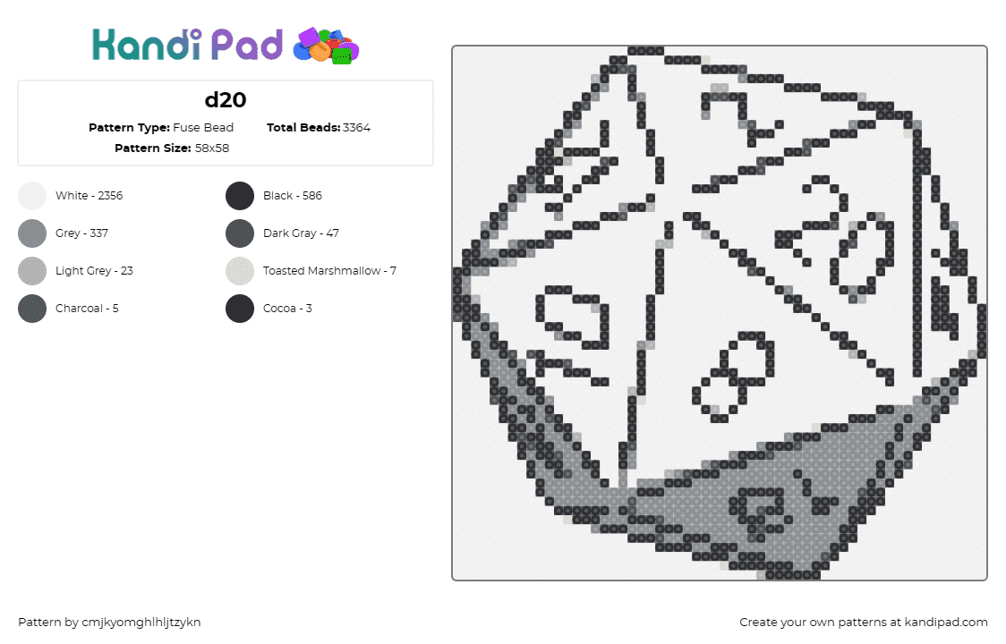 d20 - Fuse Bead Pattern by cmjkyomghlhljtzykn on Kandi Pad - dice,d20,role-playing,gaming,strategy,chance,engaging,rpg,tabletop,black,white