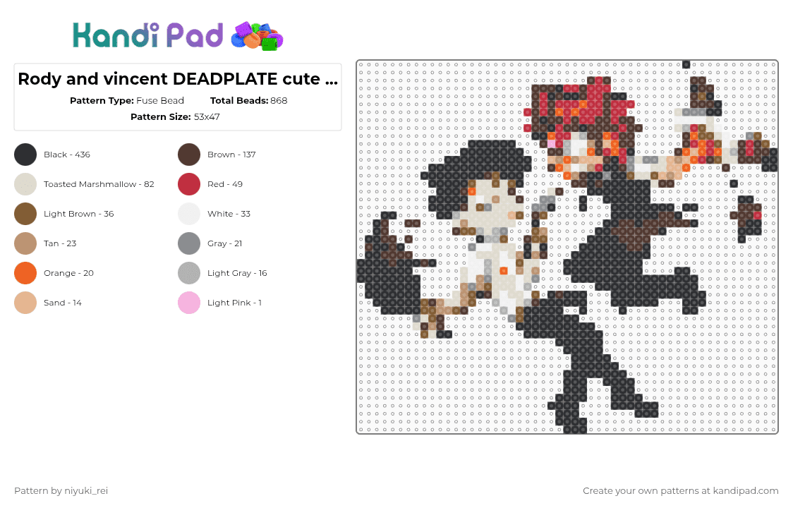 Rody and vincent DEADPLATE cute chibi - Fuse Bead Pattern by niyuki_rei on Kandi Pad - black,brown,beige,rody,vincent,deadplate,cute,chibi,dead plate,lemons,black hair red hair