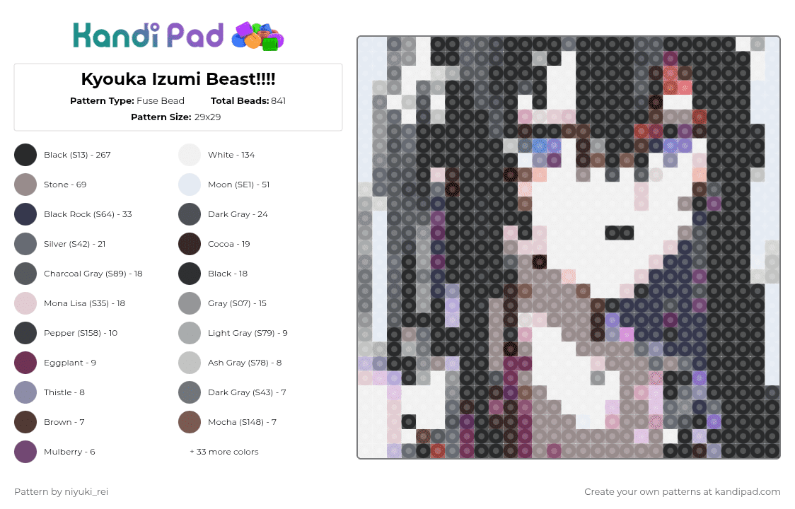 Kyouka Izumi Beast!!!! - Fuse Bead Pattern by niyuki_rei on Kandi Pad - white,gray,pink