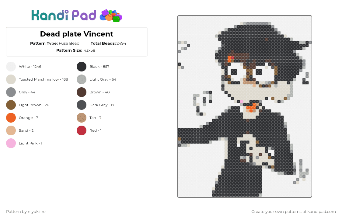 Dead plate Vincent - Fuse Bead Pattern by niyuki_rei on Kandi Pad - white,beige,gray,vincent,deadplate,chibi,cute,lemons,referenced from artist,dead plate,black hair