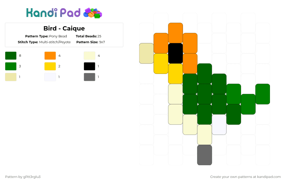 Bird - Caique - Pony Bead Pattern by gl1tt3rglu3 on Kandi Pad - green,bird,animal