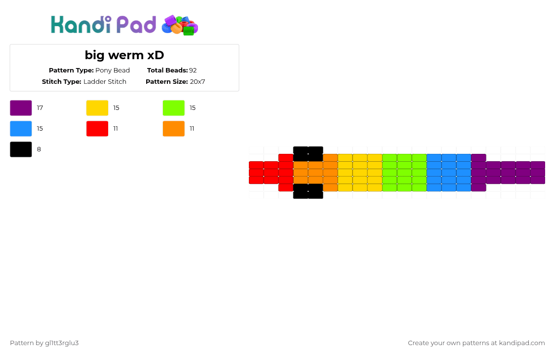 big werm xD - Pony Bead Pattern by gl1tt3rglu3 on Kandi Pad - yellow,green,light blue,pink