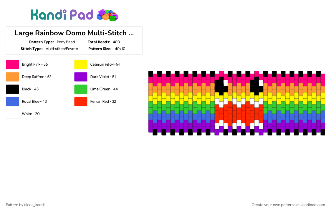 Large Rainbow Domo Multi-Stitch Cuff - Pony Bead Pattern by nicos_kandi on Kandi Pad - blue, colorful, cute, domo, emo, multistitch, pink, rainbow, rave, scene, yellow