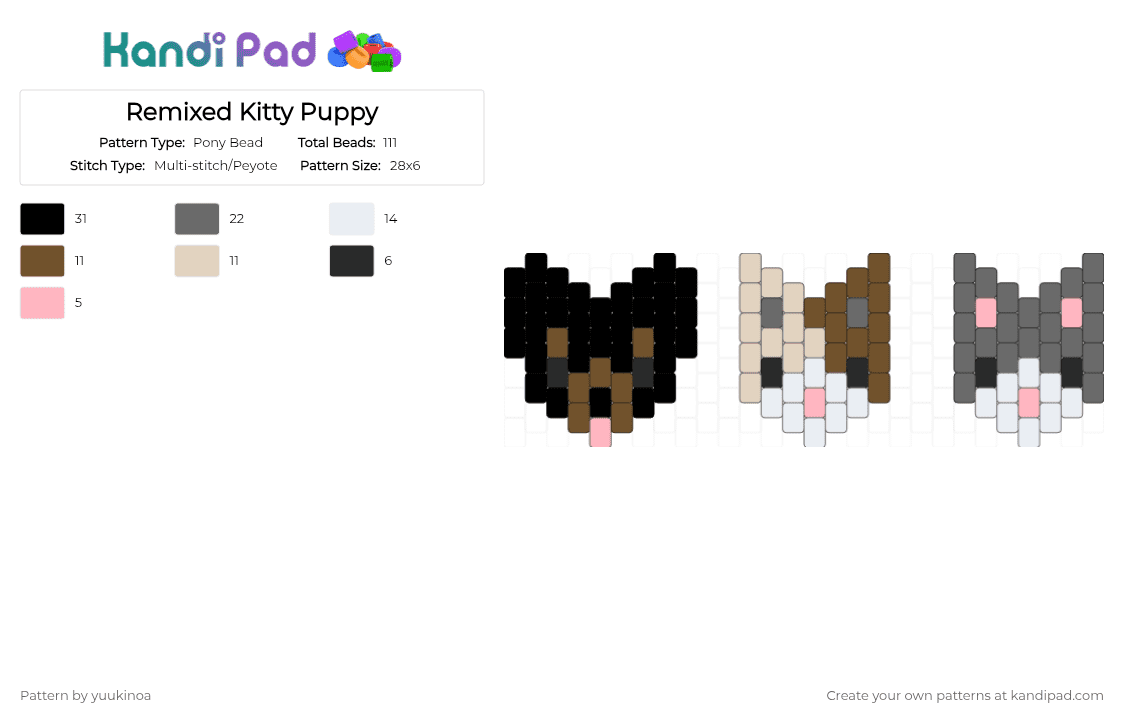 Remixed Kitty Puppy - Pony Bead Pattern by yuukinoa on Kandi Pad - gray, tan