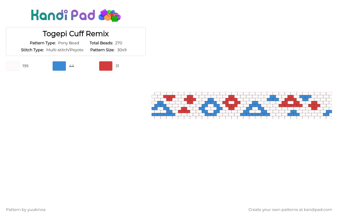 Togepi Cuff Remix - Pony Bead Pattern by yuukinoa on Kandi Pad - white,light blue,red