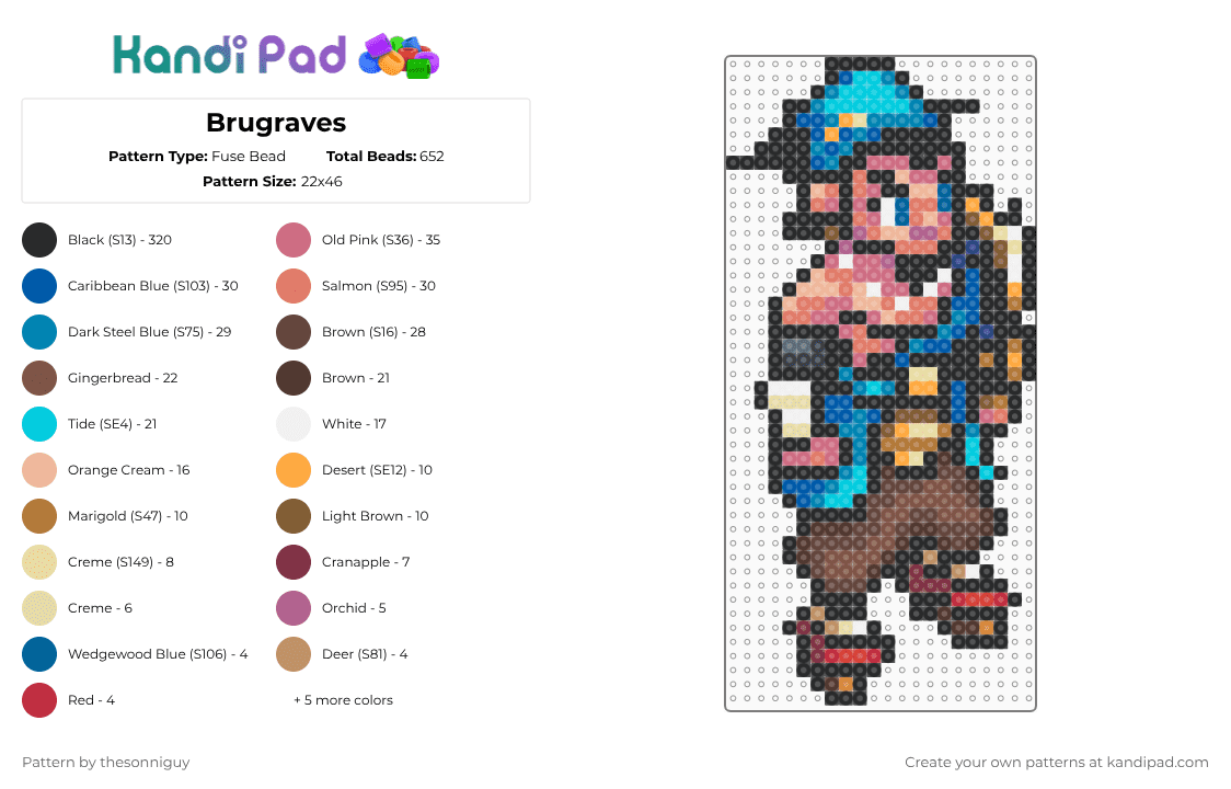 Brugraves - Fuse Bead Pattern by bytethebullet on Kandi Pad - black,tan,orange,light blue,pink,colorful