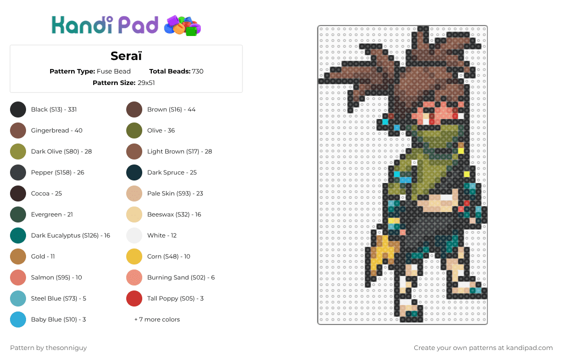 Seraï - Fuse Bead Pattern by bytethebullet on Kandi Pad - black,tan,gold,brown,colorful
