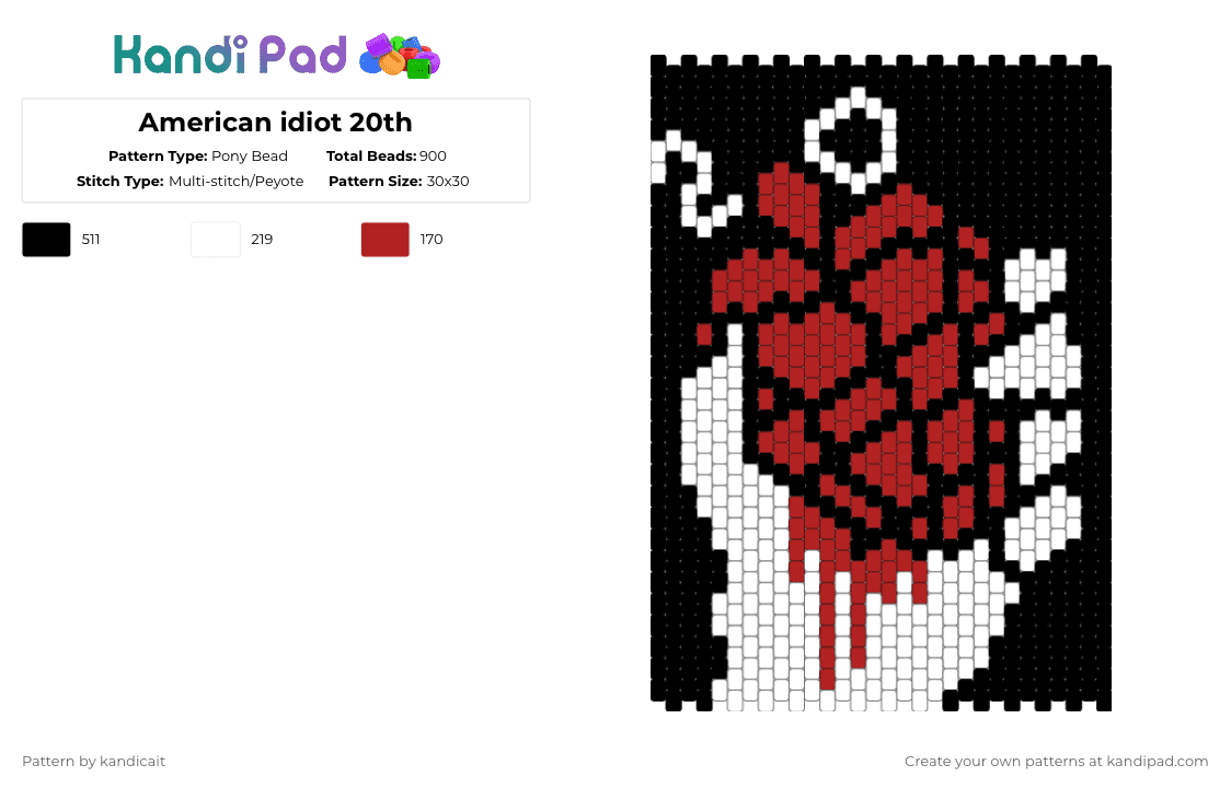 American idiot 20th - Pony Bead Pattern by kandicait on Kandi Pad - white,red