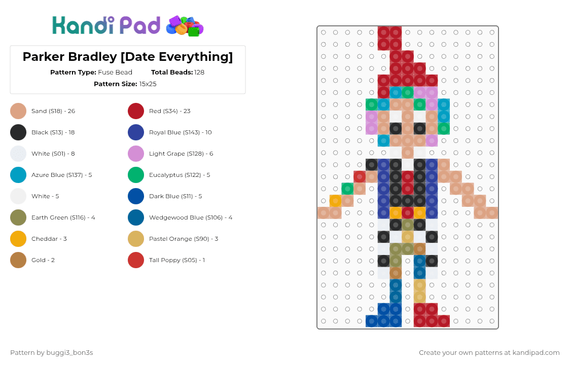 Parker Bradley [Date Everything] - Fuse Bead Pattern by buggi3_bon3s on Kandi Pad - red,beige,purple,blue
