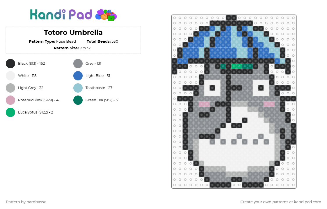 Totoro Umbrella - Fuse Bead Pattern by hardbassx on Kandi Pad - gray,beige,blue,totoro,ghibli,hamabeads,beads,umbrella,anime