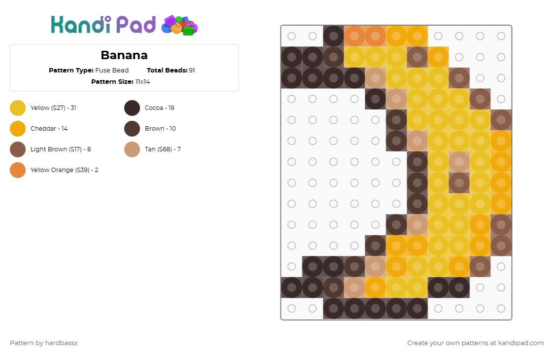Banana - Fuse Bead Pattern by hardbassx on Kandi Pad - brown,yellow,banana,fruit,fruta,stardewvalley,8bit,pixel