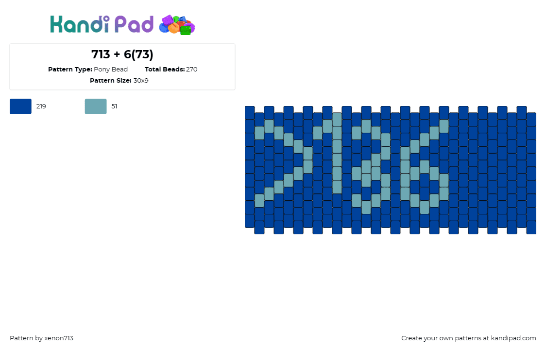 713 + 6(73) - Pony Bead Pattern by xenon713 on Kandi Pad - numbers,math,cuff,intellectual,blue