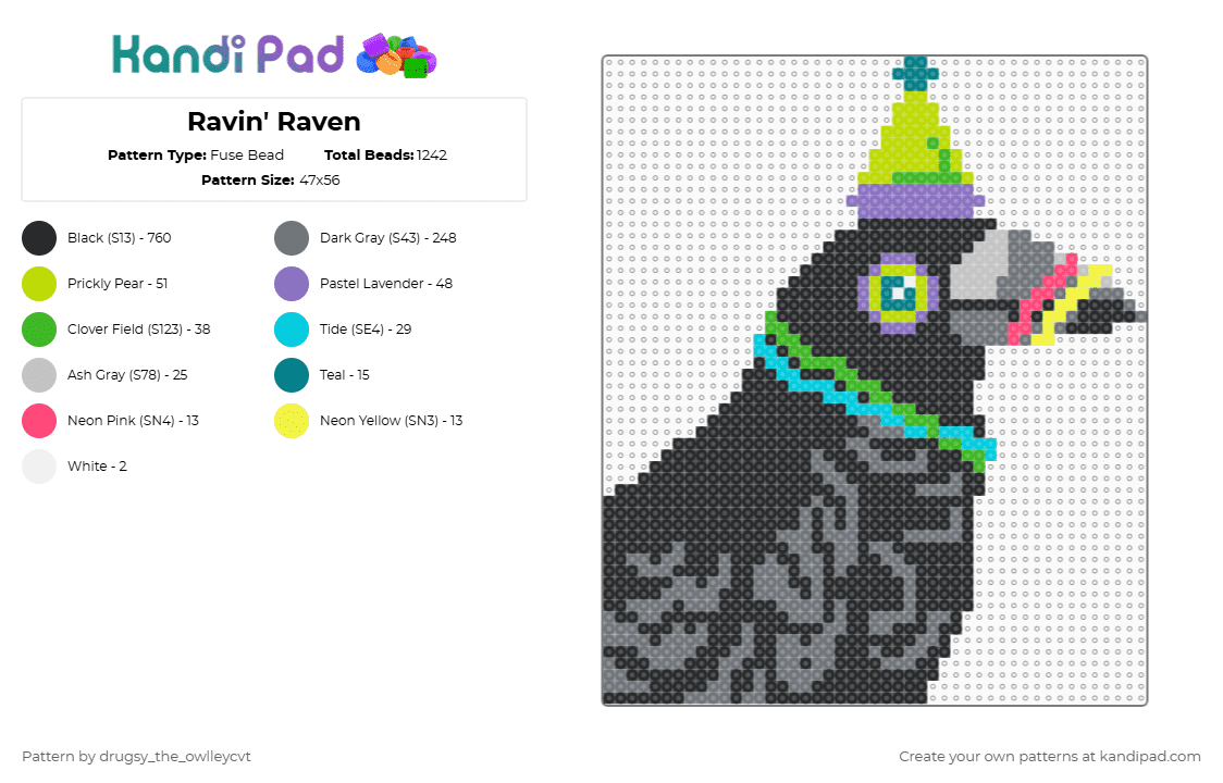 Ravin\' Raven - Fuse Bead Pattern by drugsy_the_owlleycvt on Kandi Pad - black,green,gray,rave,raven,bird,animal,party,glowsticks