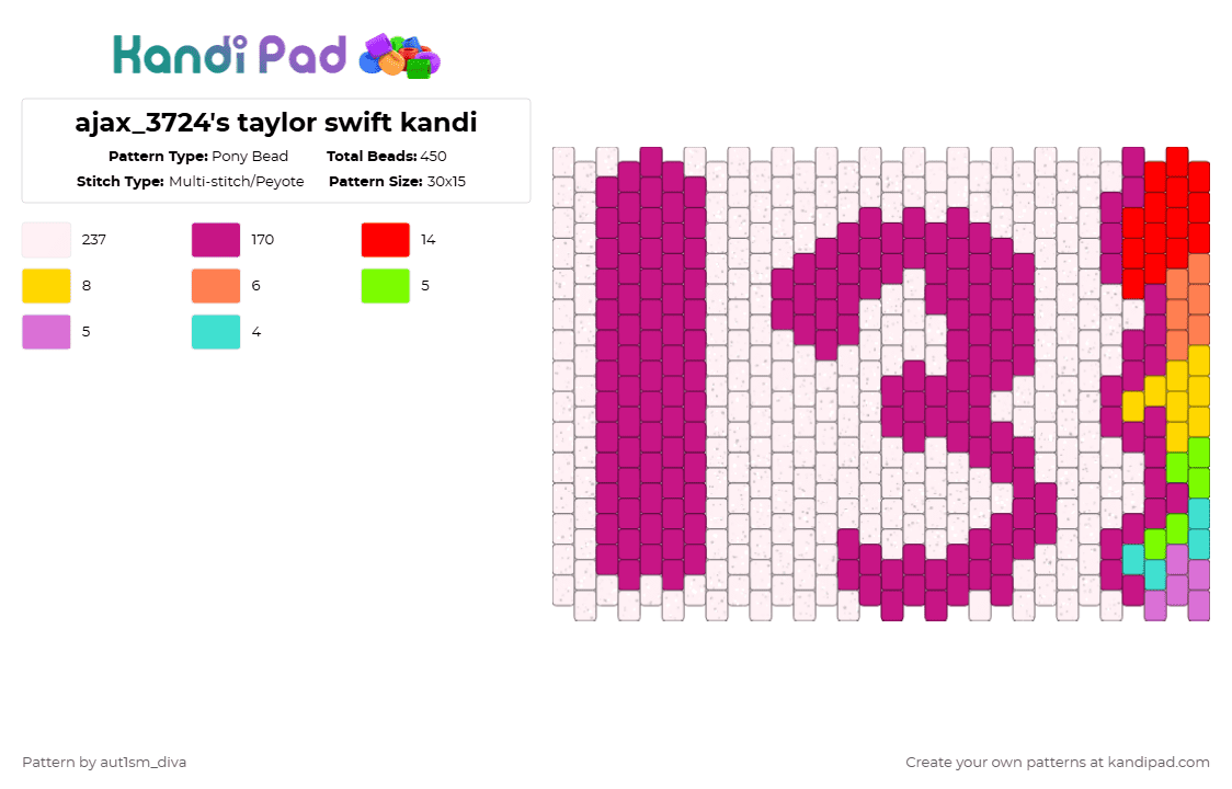 ajax_3724\'s taylor swift kandi - Pony Bead Pattern by deleted_user_381197 on Kandi Pad - pink, white