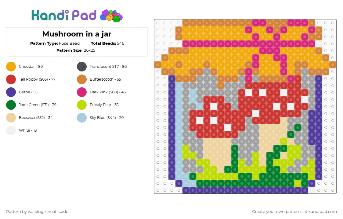Mushroom in a jar - Fuse Bead Pattern by deleted_user_381197 on Kandi Pad - orange,gray,green,red