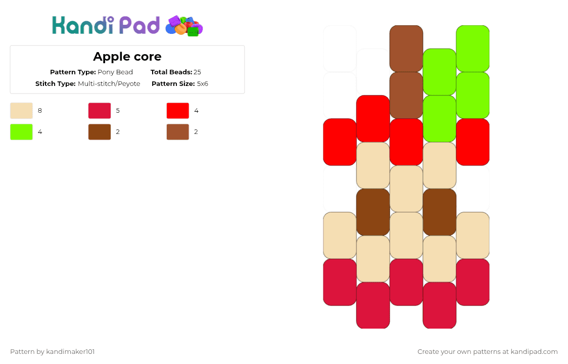 Apple core - Pony Bead Pattern by kandimaker101 on Kandi Pad - apple,core,charm,fruit,food,red,beige