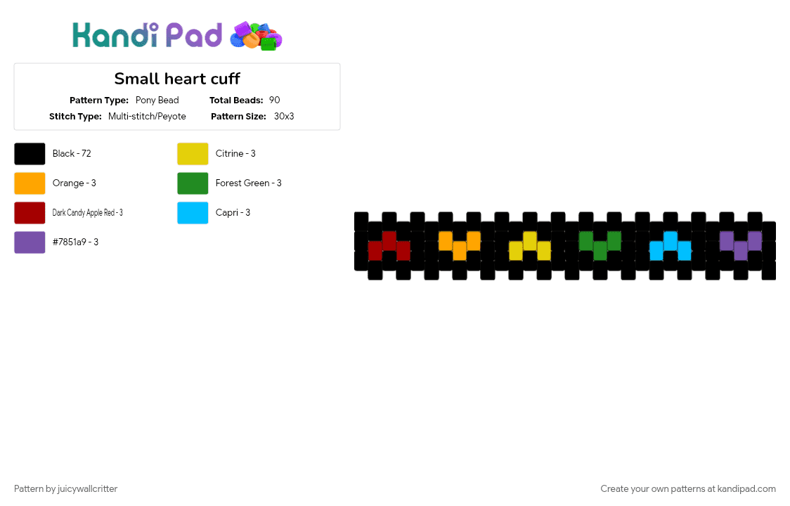 Small heart cuff - Pony Bead Pattern by juicywallcritter on Kandi Pad - black, colorful, cuffs, heart, orange, purple, red