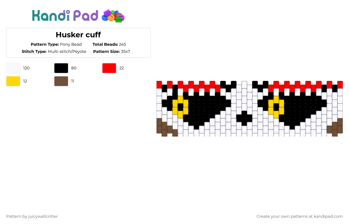Husker cuff - Pony Bead Pattern by juicywallcritter on Kandi Pad - white,red,husker,hazbin,hazbin hotel